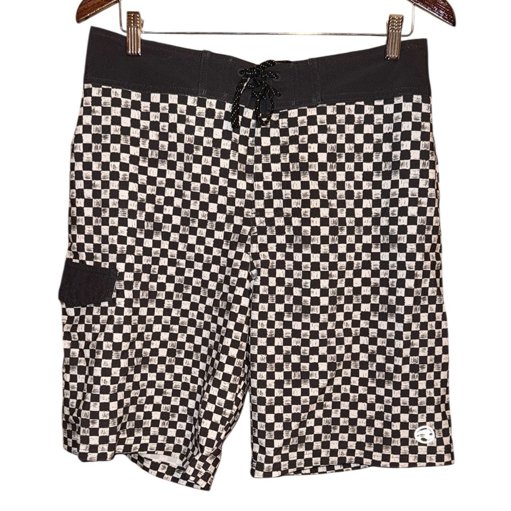 •OCEAN CURRENT•NWOT CHARCOAL & WHITE SCRIBBLE CHECKERED BOARD SHORTS SIZE 32